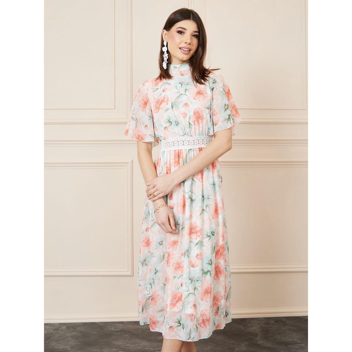 Styli Floral Print Lace Waist Detail A-Line Midi Dress-women-clothing-dresses-image-2