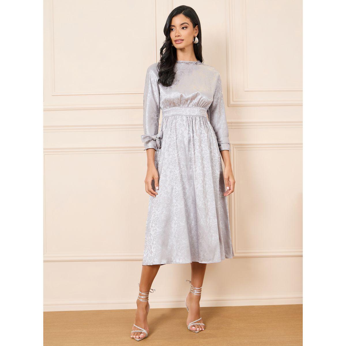 Styli Jacquard Print Tie Up Sleeves A-Line Midi Dress-women-clothing-dresses-image-1