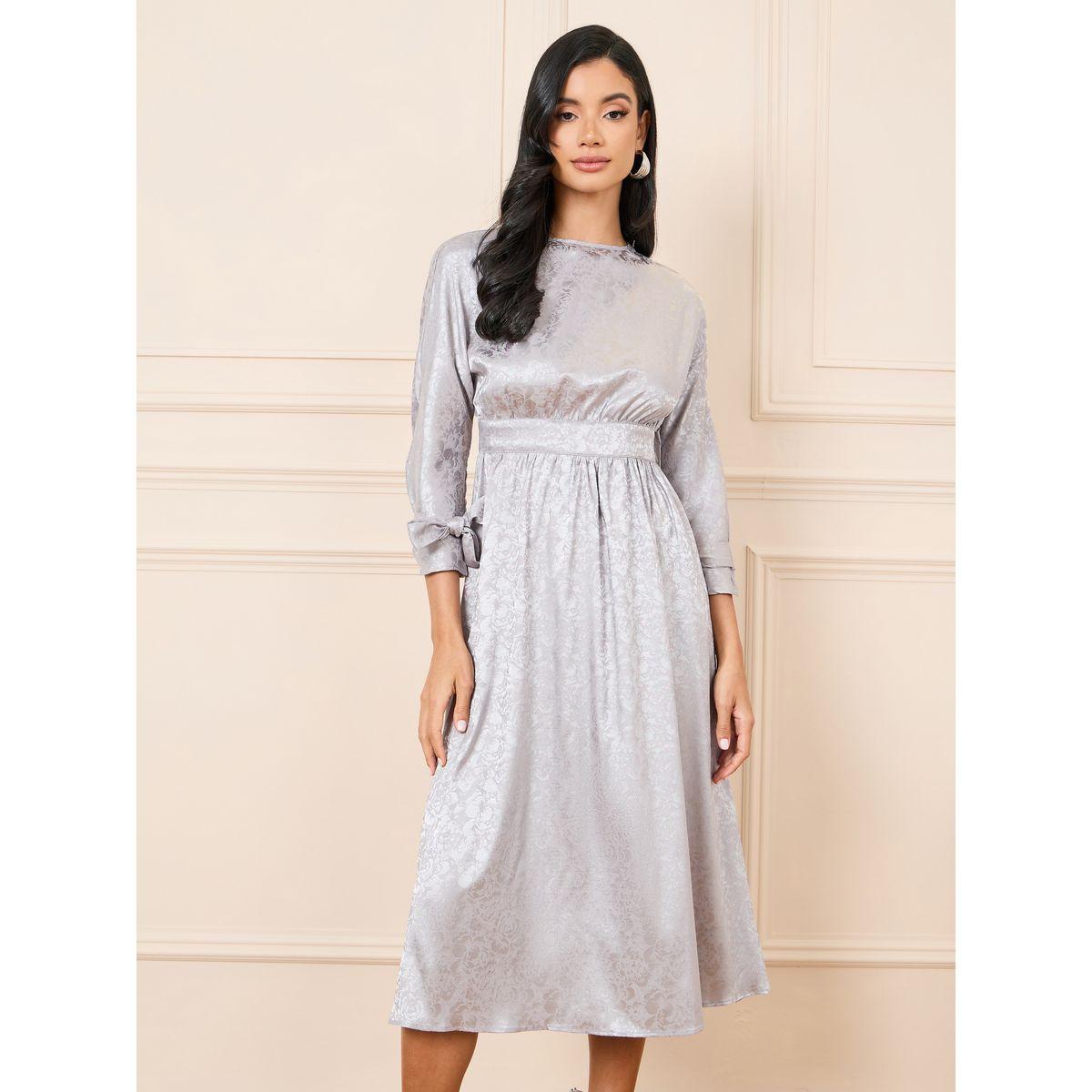 Styli Jacquard Print Tie Up Sleeves A-Line Midi Dress-women-clothing-dresses-image-2