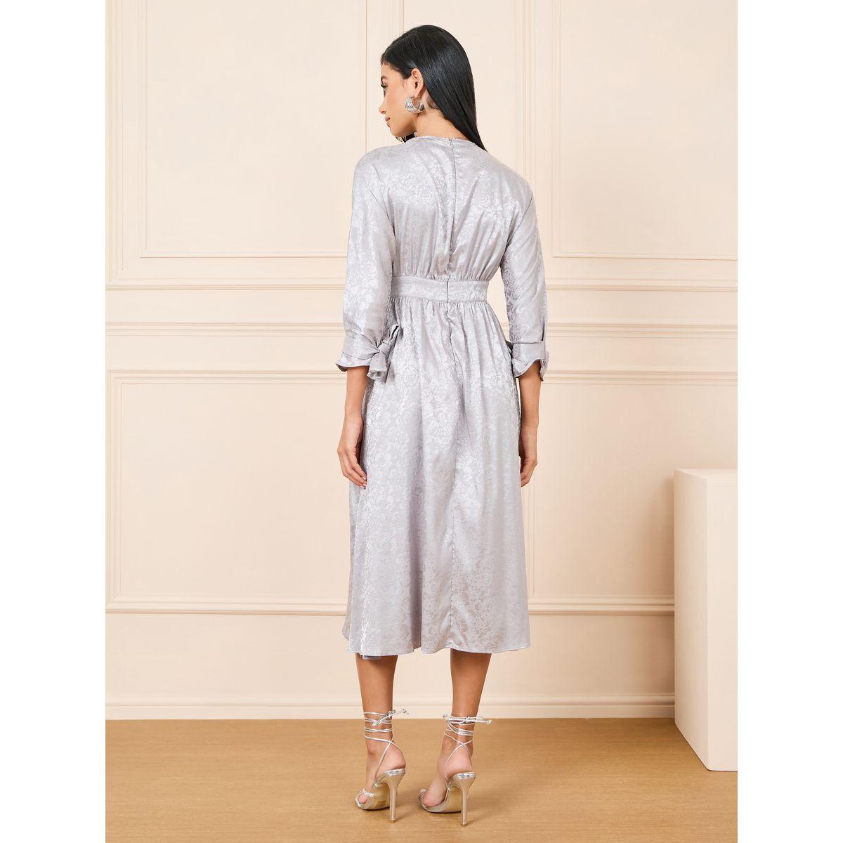 Styli Jacquard Print Tie Up Sleeves A-Line Midi Dress-women-clothing-dresses-image-4