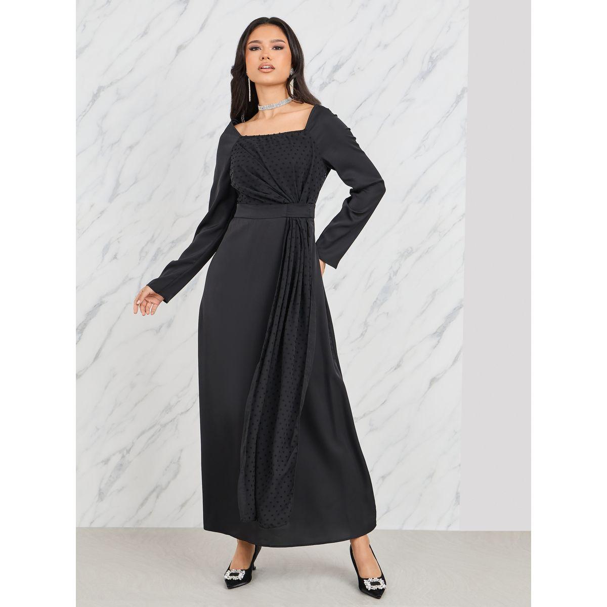 Styli Dobby Detail Square Neck A-Line Midi Dress-women-clothing-dresses-image-1