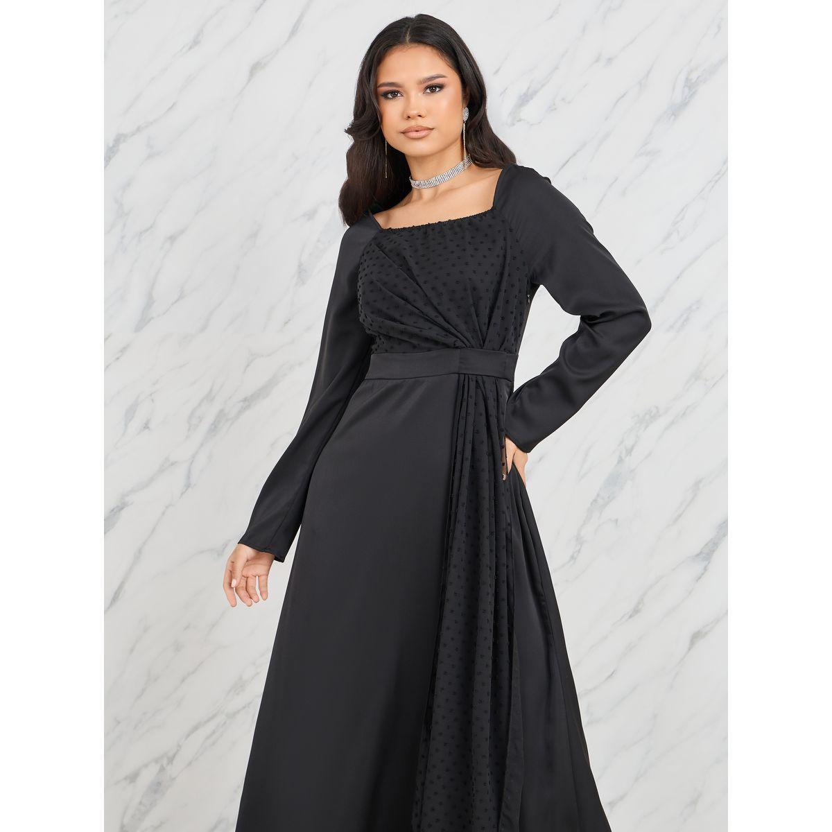 فستان ميدي بياقة واسعة وتفاصيل مُحاكة-women-clothing-dresses-image-2
