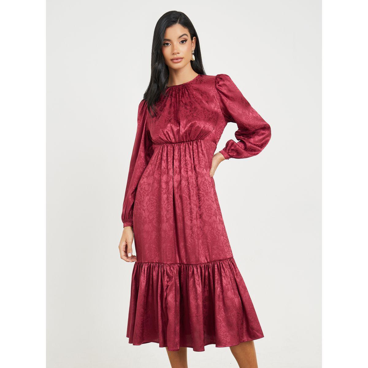 فستان ميدي مزين بنسيج جاكار وكسرات-women-clothing-dresses-image-1