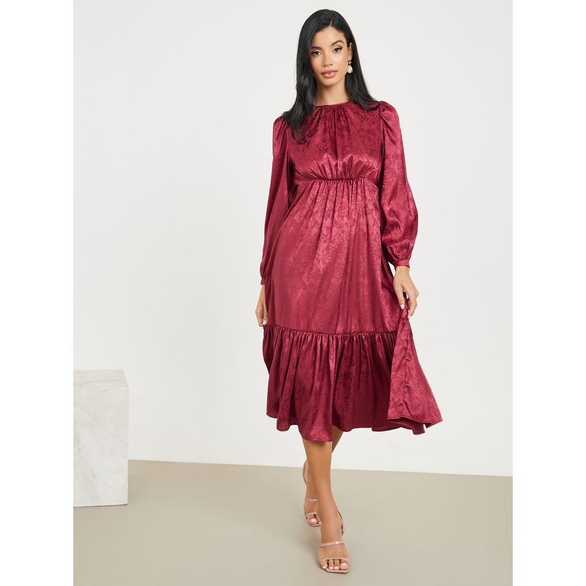 Styli Jacquard Print Gathered Detail A-Line Midi Dress-women-clothing-dresses-image-2
