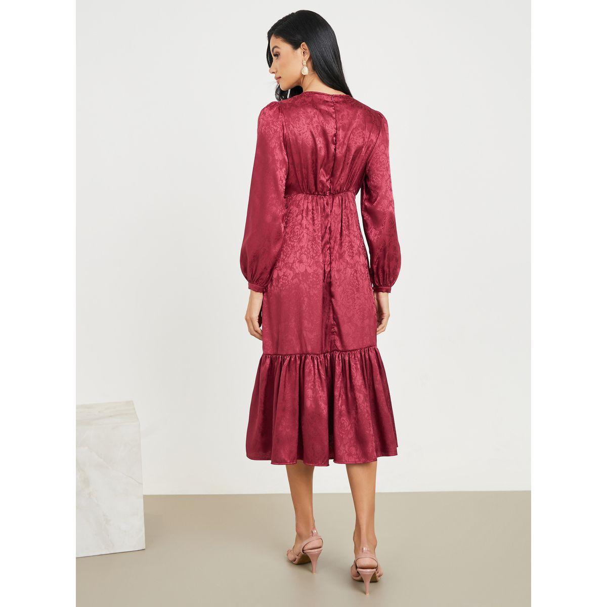 فستان ميدي مزين بنسيج جاكار وكسرات-women-clothing-dresses-image-4