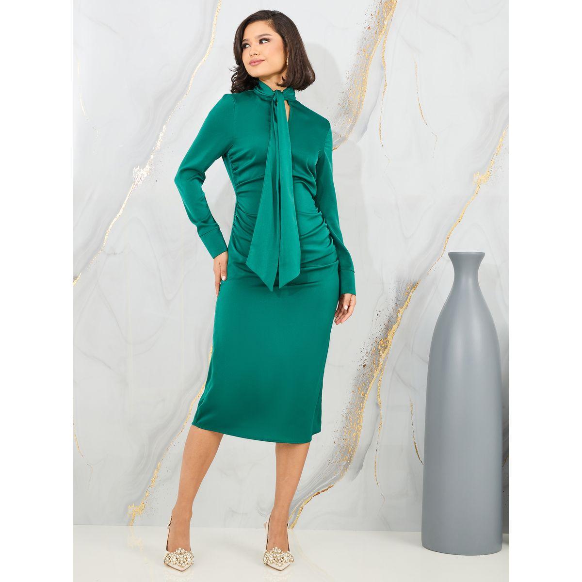 Styli Side Gathered Detail Tie Up Neck Bodycon Midi Dress-women-clothing-dresses-image-1