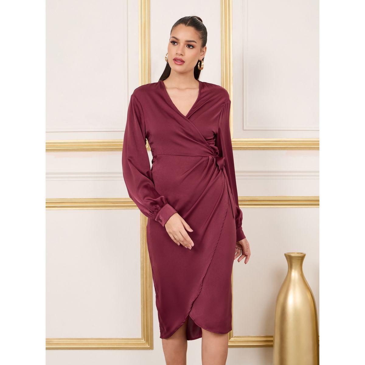 Styli Satin V Neck Wrap Midi Dress-women-clothing-dresses-image-2