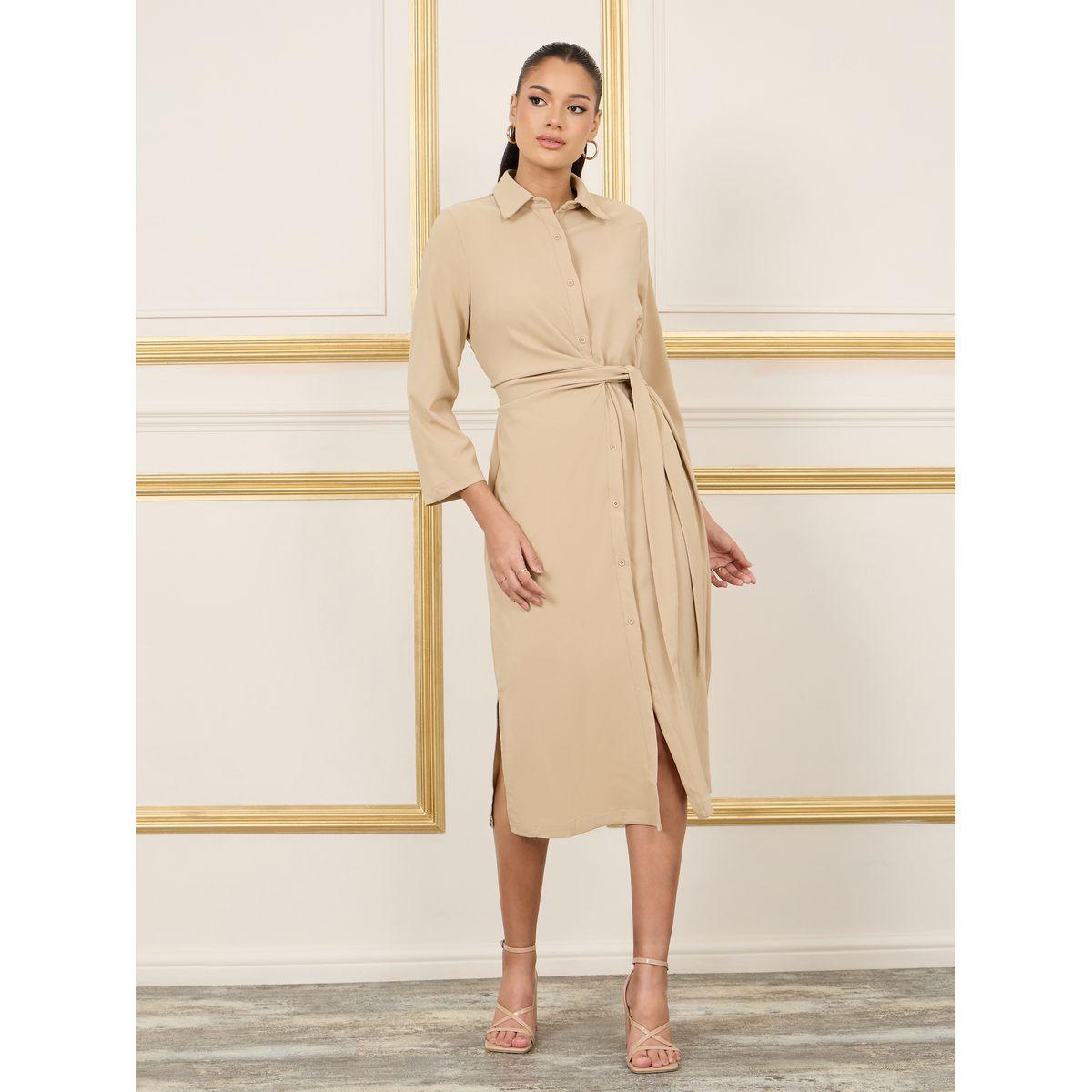فستان ميدي برباط خصر وشق جانبي-women-clothing-dresses-image-1