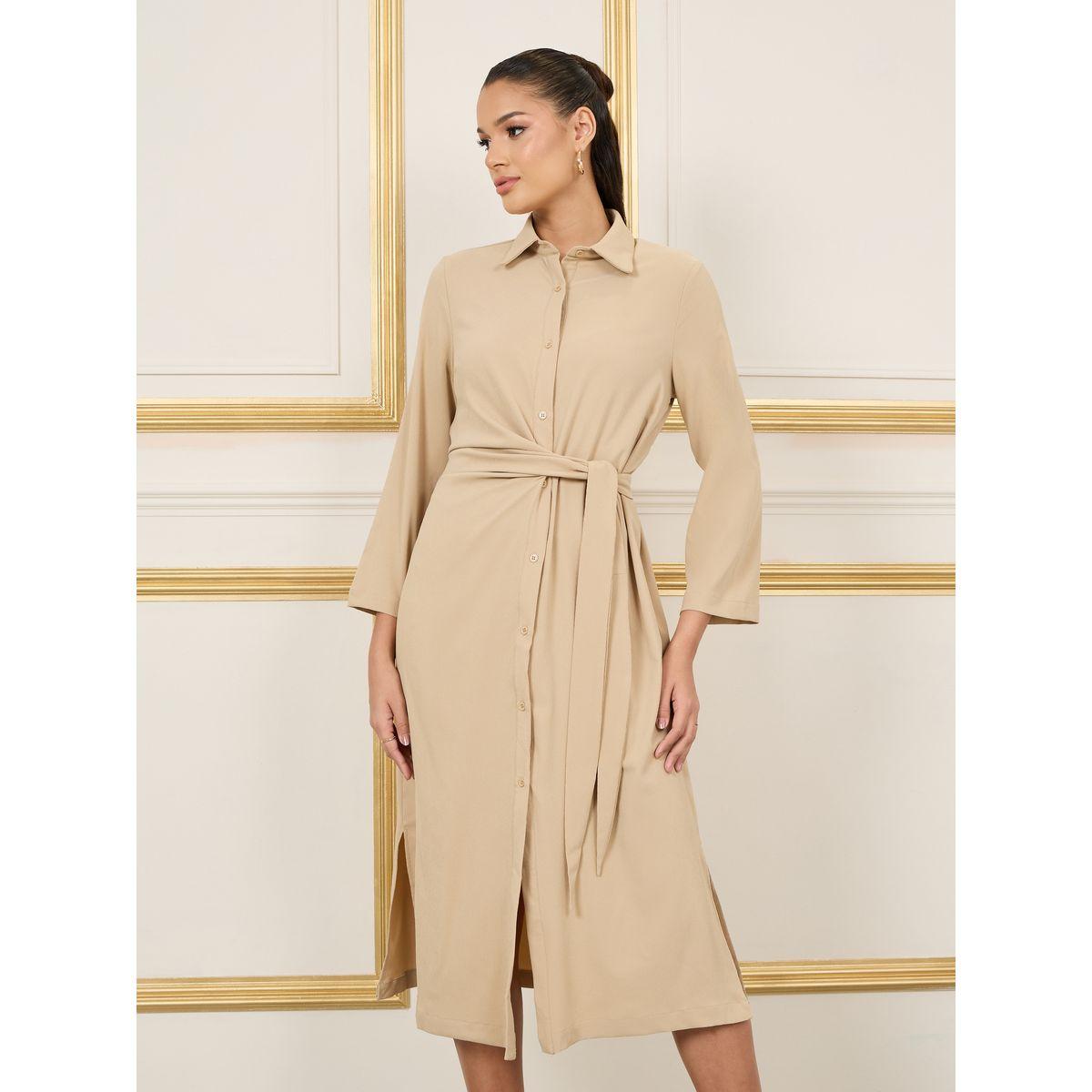 فستان ميدي برباط خصر وشق جانبي-women-clothing-dresses-image-2