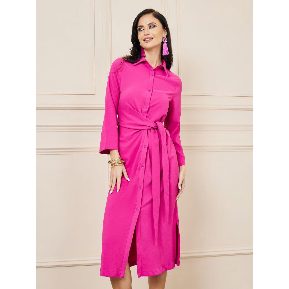 Styli Front Tie Up Shirt Midi Dress with Side Slit-women-clothing-dresses-image-2