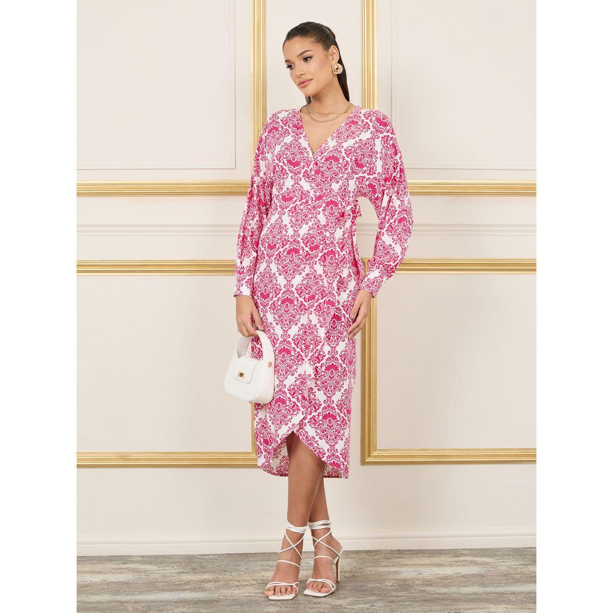 فستان ميدي بنمط لف وطبعة داماسك-women-clothing-dresses-image-1