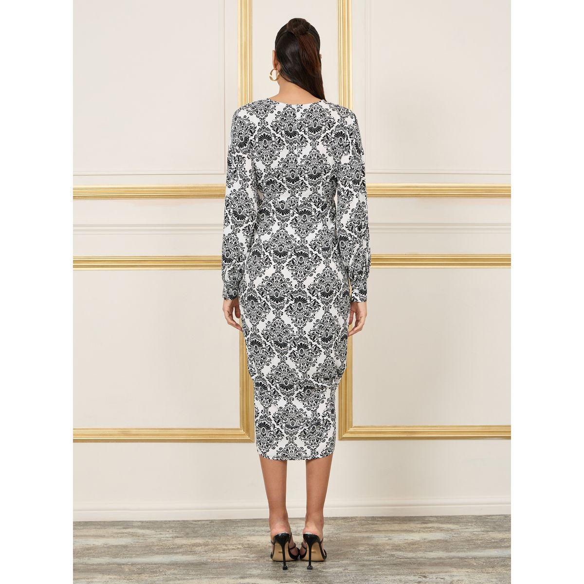 فستان ميدي بنمط لف وطبعة داماسك-women-clothing-dresses-image-4