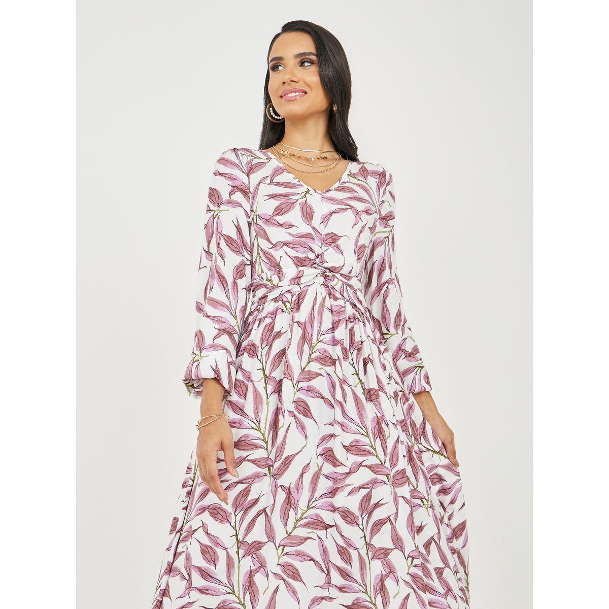 فستان ميدي مطبع بالكامل باوراق شجر-women-clothing-dresses-image-2