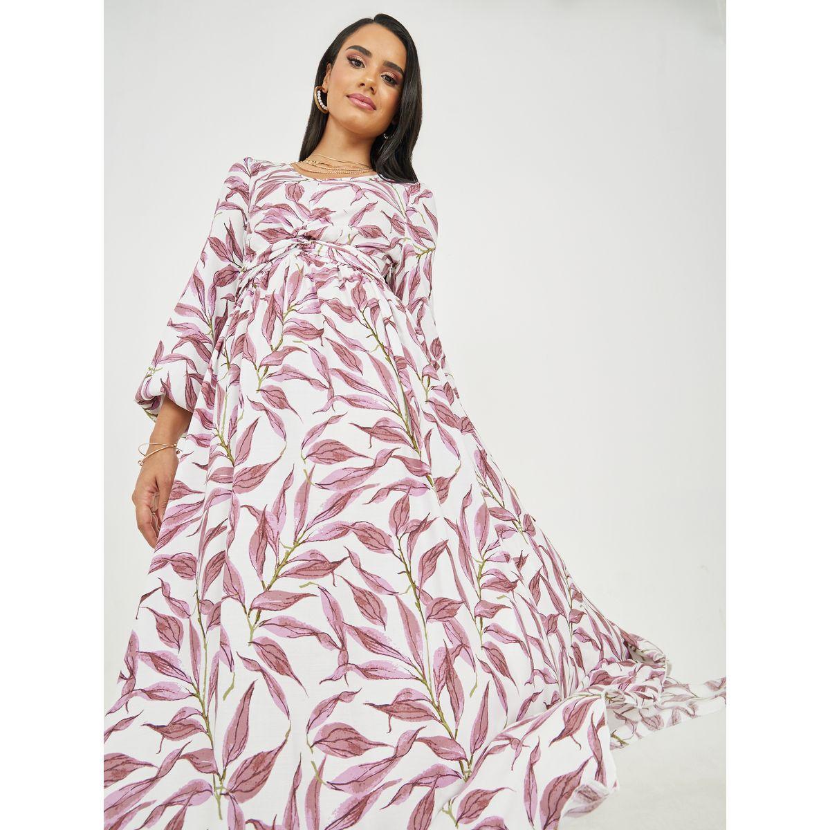 Styli Leaf AOP Front Twist Detail A-Line Midi Dress-women-clothing-dresses-image-4