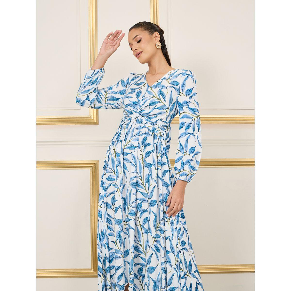 Styli Leaf AOP Front Twist Detail A-Line Maxi Dress-women-clothing-dresses-image-2