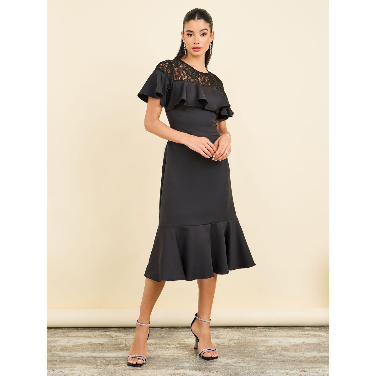 فستان ميدي بتفاصيل دانتيل مع كشكش-women-clothing-dresses-image-1