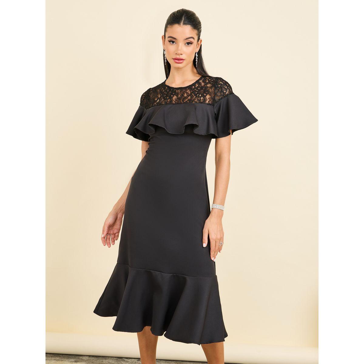 فستان ميدي بتفاصيل دانتيل مع كشكش-women-clothing-dresses-image-2