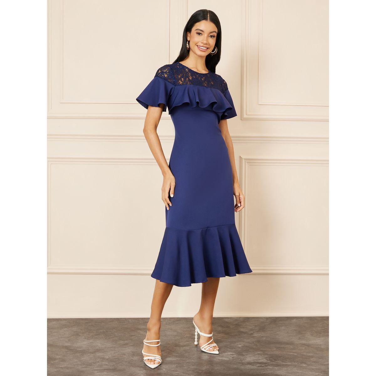 فستان ميدي بتفاصيل دانتيل مع كشكش-women-clothing-dresses-image-1