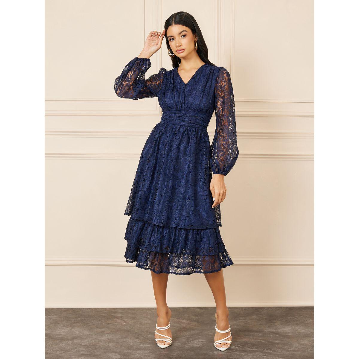 Styli Lace Detail Bishop Sleeve Tiered Midi Dress-women-clothing-dresses-image-1