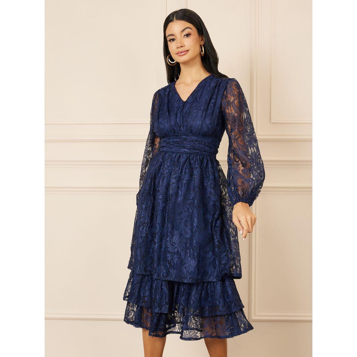 Styli Lace Detail Bishop Sleeve Tiered Midi Dress-women-clothing-dresses-image-2