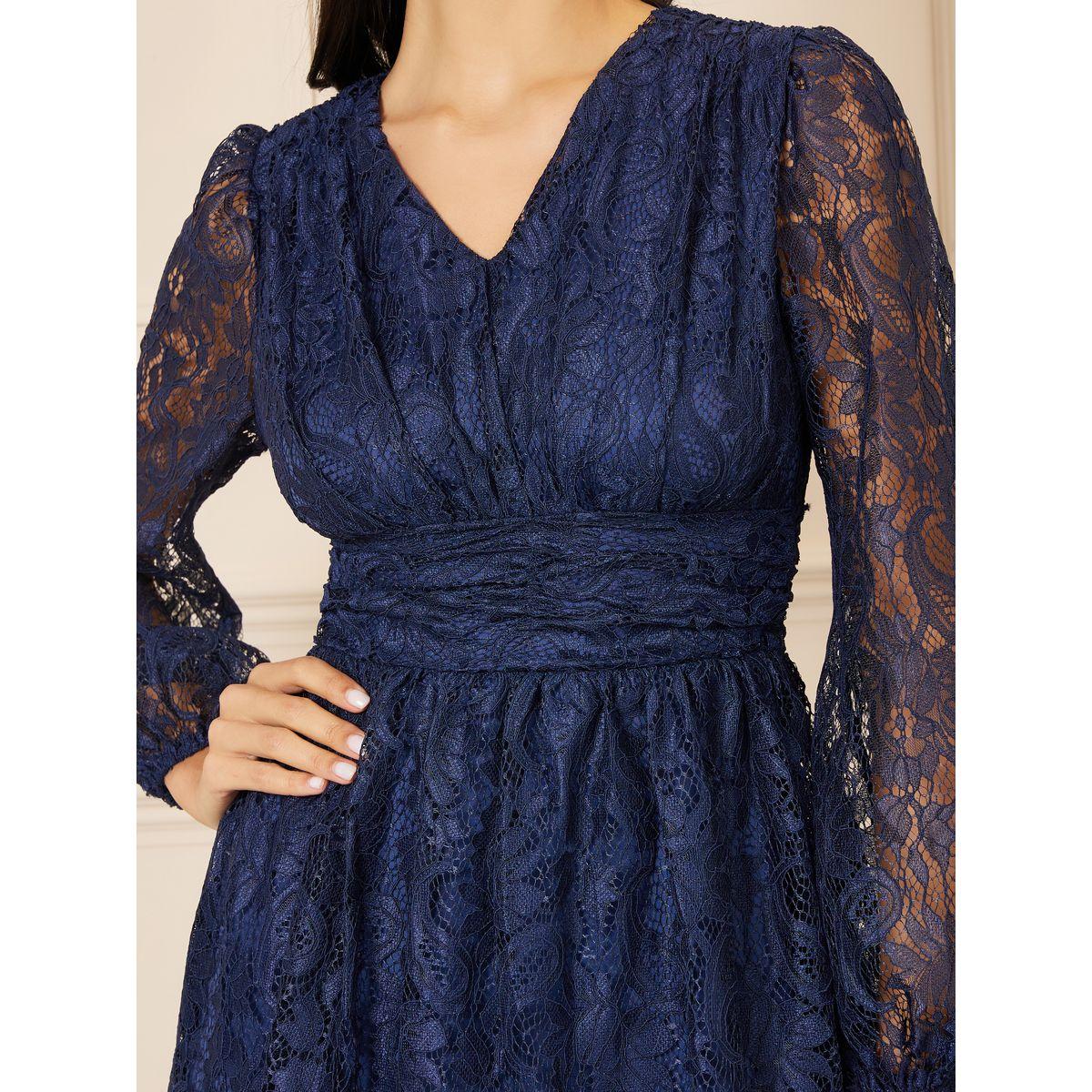 فستان ميدي بكسرات واكمام بيشوب مع دانتيل-women-clothing-dresses-image-3