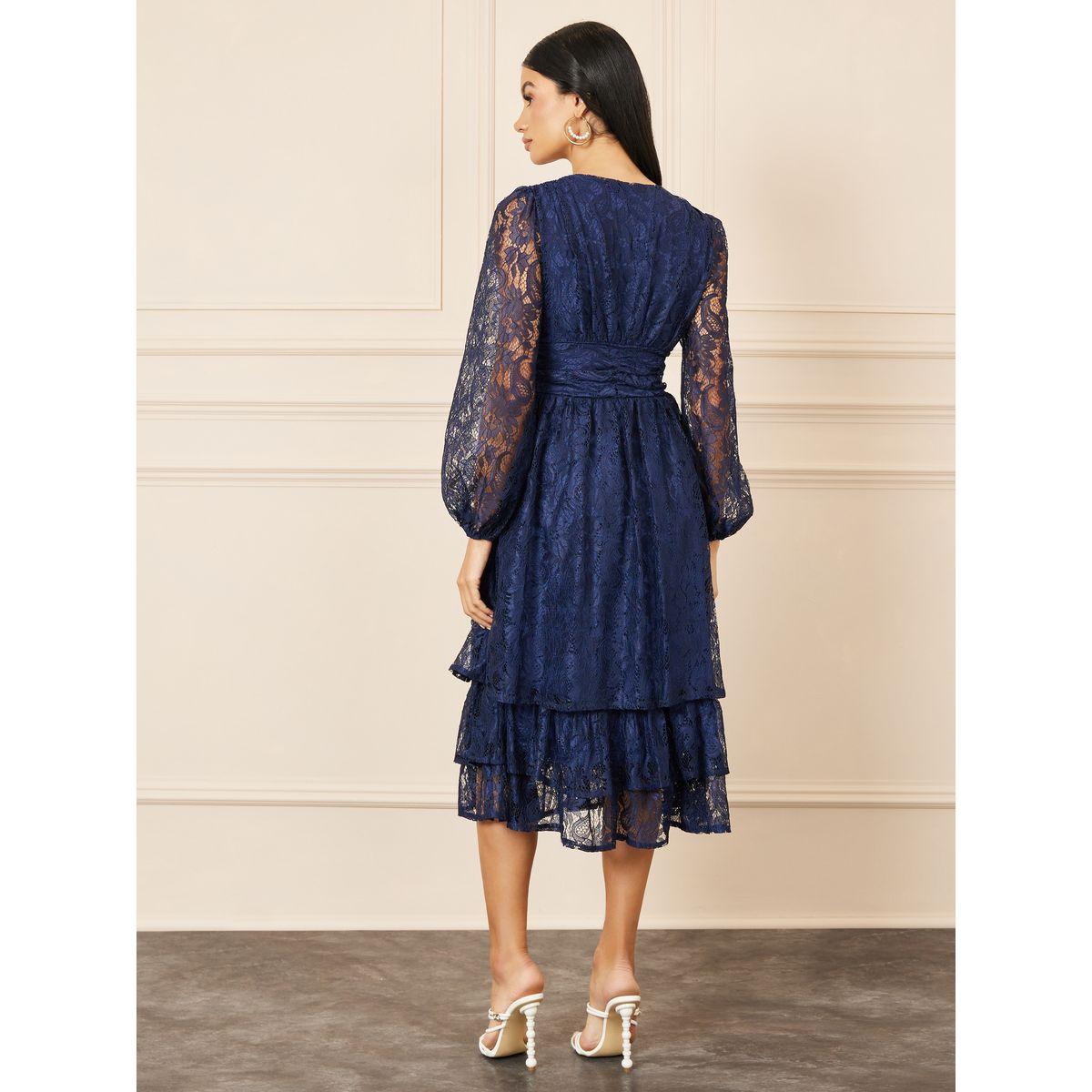Styli Lace Detail Bishop Sleeve Tiered Midi Dress-women-clothing-dresses-image-4