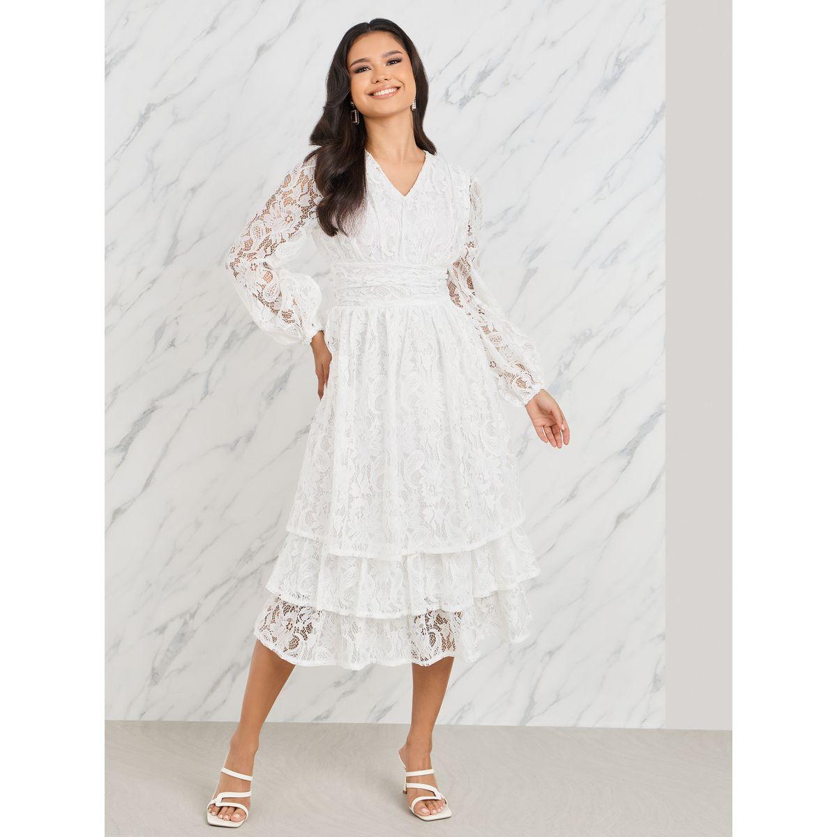 فستان ميدي بكسرات واكمام بيشوب مع دانتيل-women-clothing-dresses-image-1