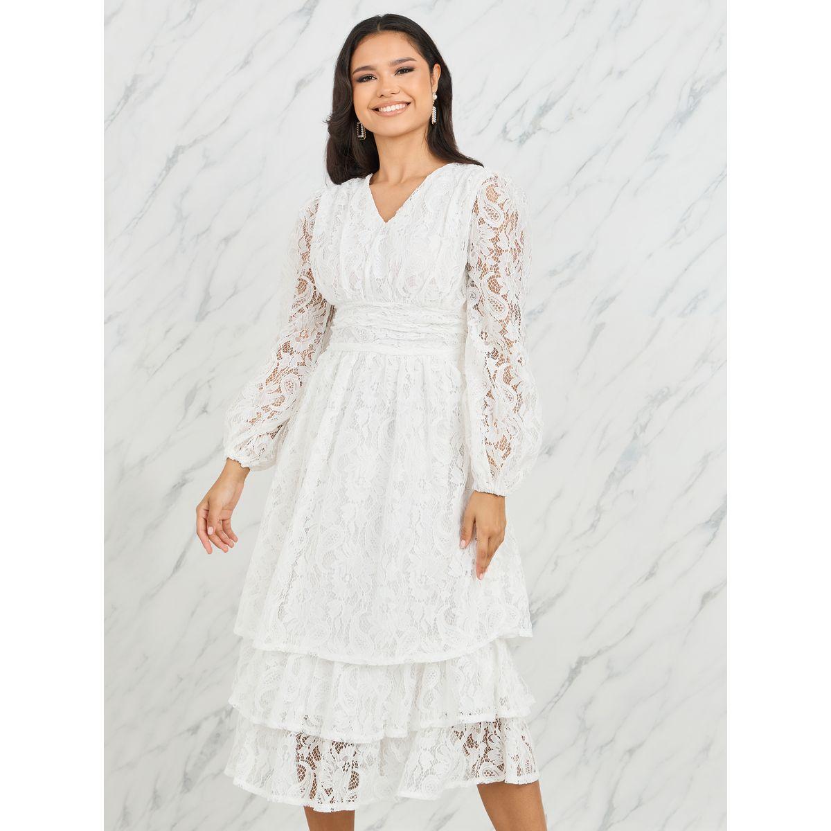 فستان ميدي بكسرات واكمام بيشوب مع دانتيل-women-clothing-dresses-image-2