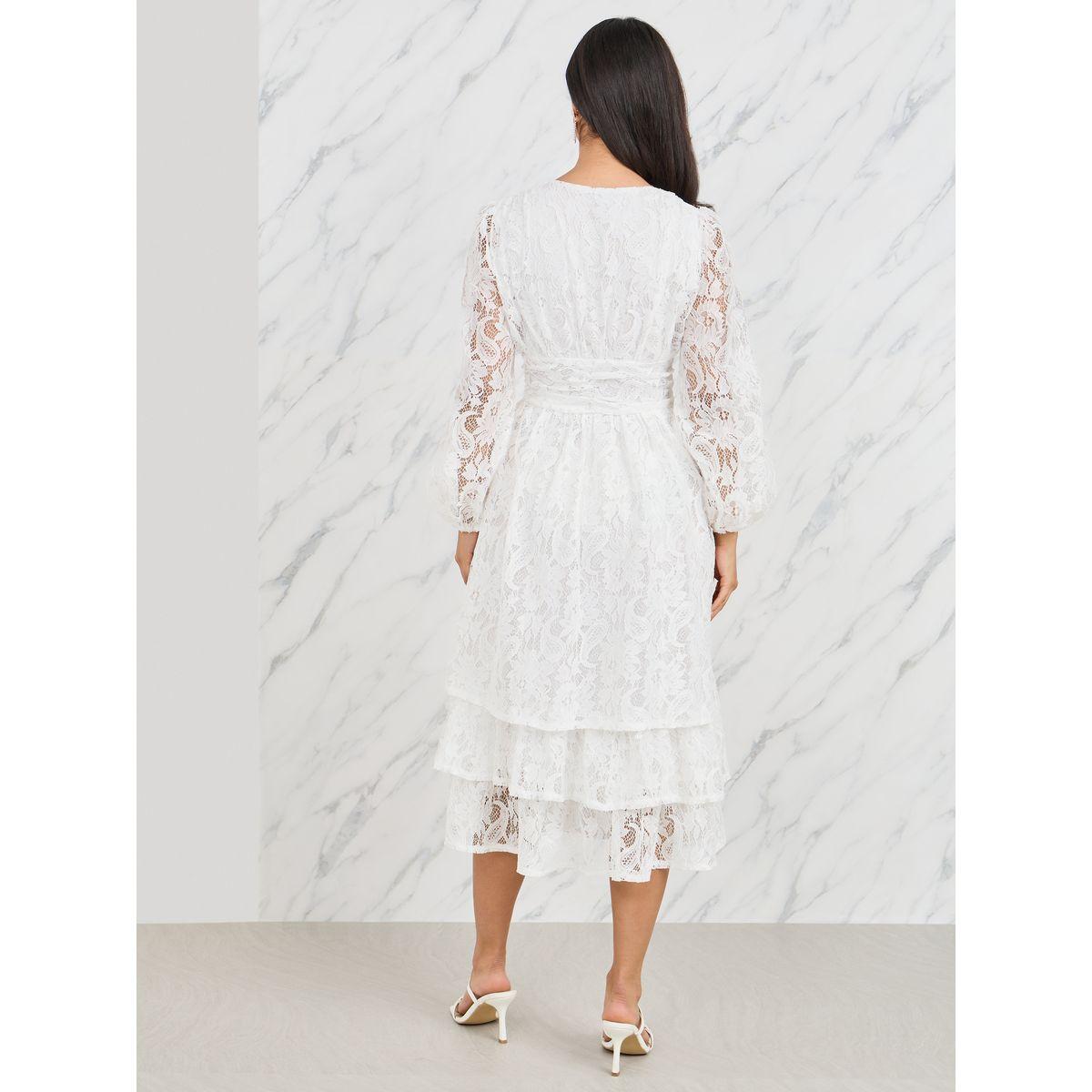 فستان ميدي بكسرات واكمام بيشوب مع دانتيل-women-clothing-dresses-image-4