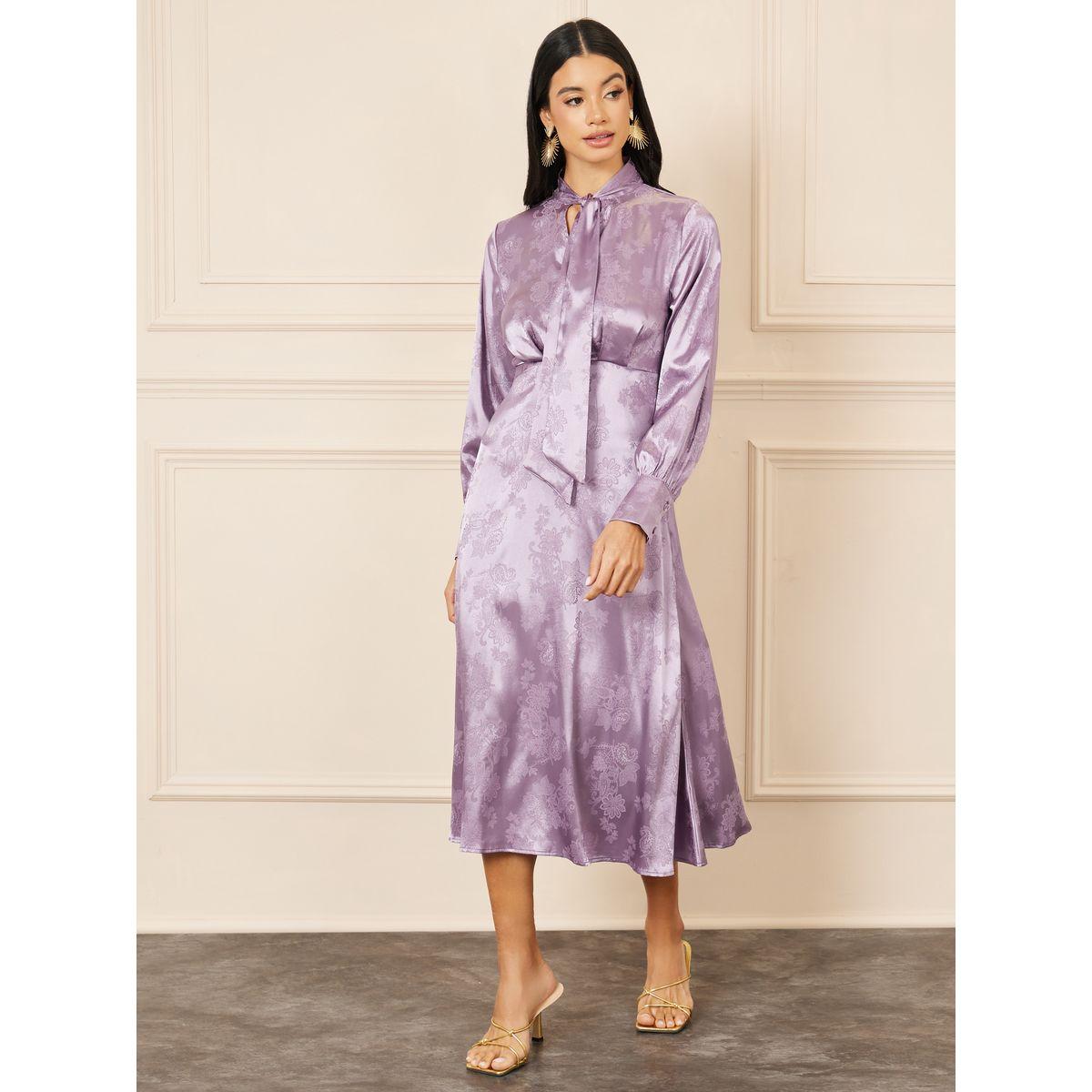 فستان ميدي ساتان بطبعة جاكار وياقة باربطة-women-clothing-dresses-image-1