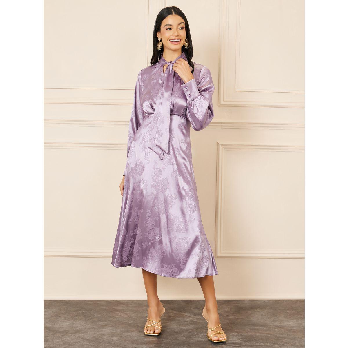 فستان ميدي ساتان بطبعة جاكار وياقة باربطة-women-clothing-dresses-image-2