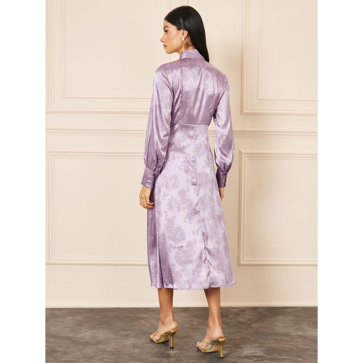 فستان ميدي ساتان بطبعة جاكار وياقة باربطة-women-clothing-dresses-image-4