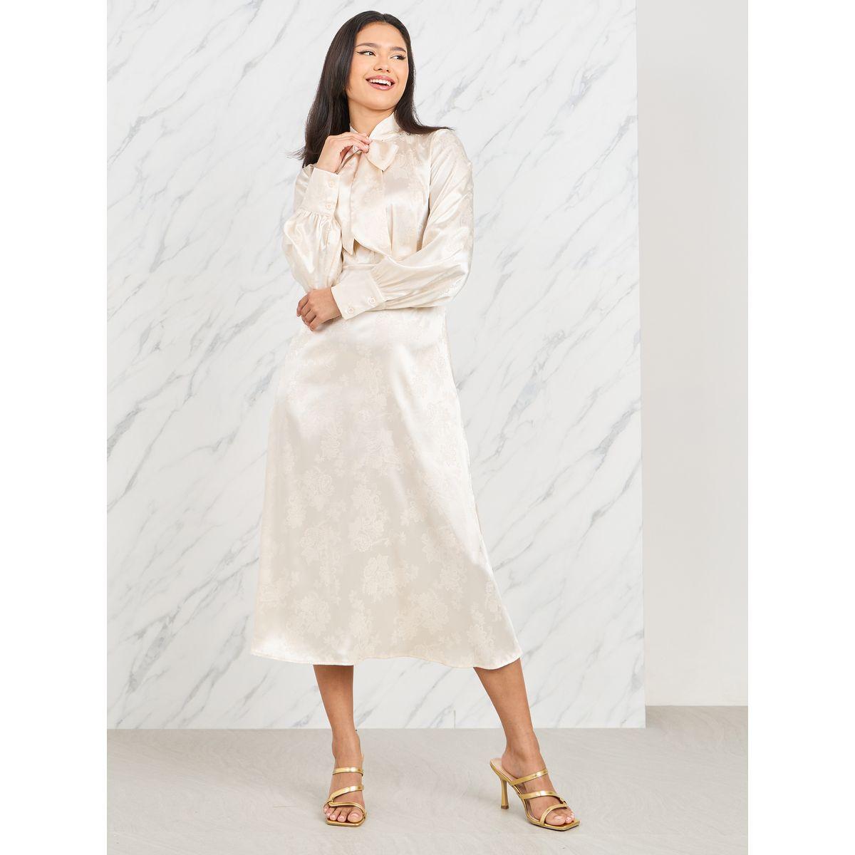 Styli Satin Jacquard Print Tie Up Neck A-Line Midi Dress-women-clothing-dresses-image-1