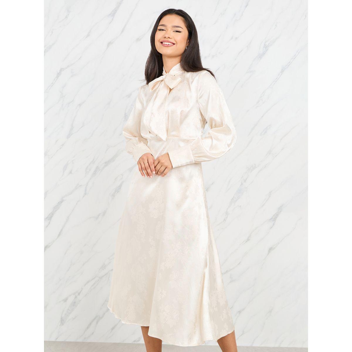 Styli Satin Jacquard Print Tie Up Neck A-Line Midi Dress-women-clothing-dresses-image-2