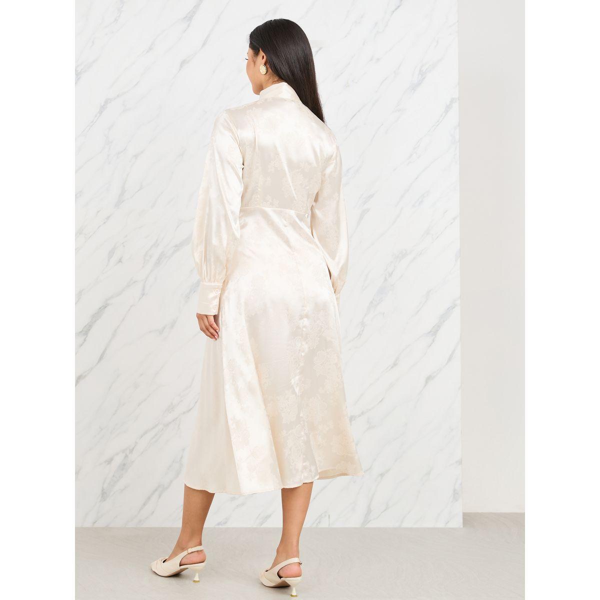 Styli Satin Jacquard Print Tie Up Neck A-Line Midi Dress-women-clothing-dresses-image-4