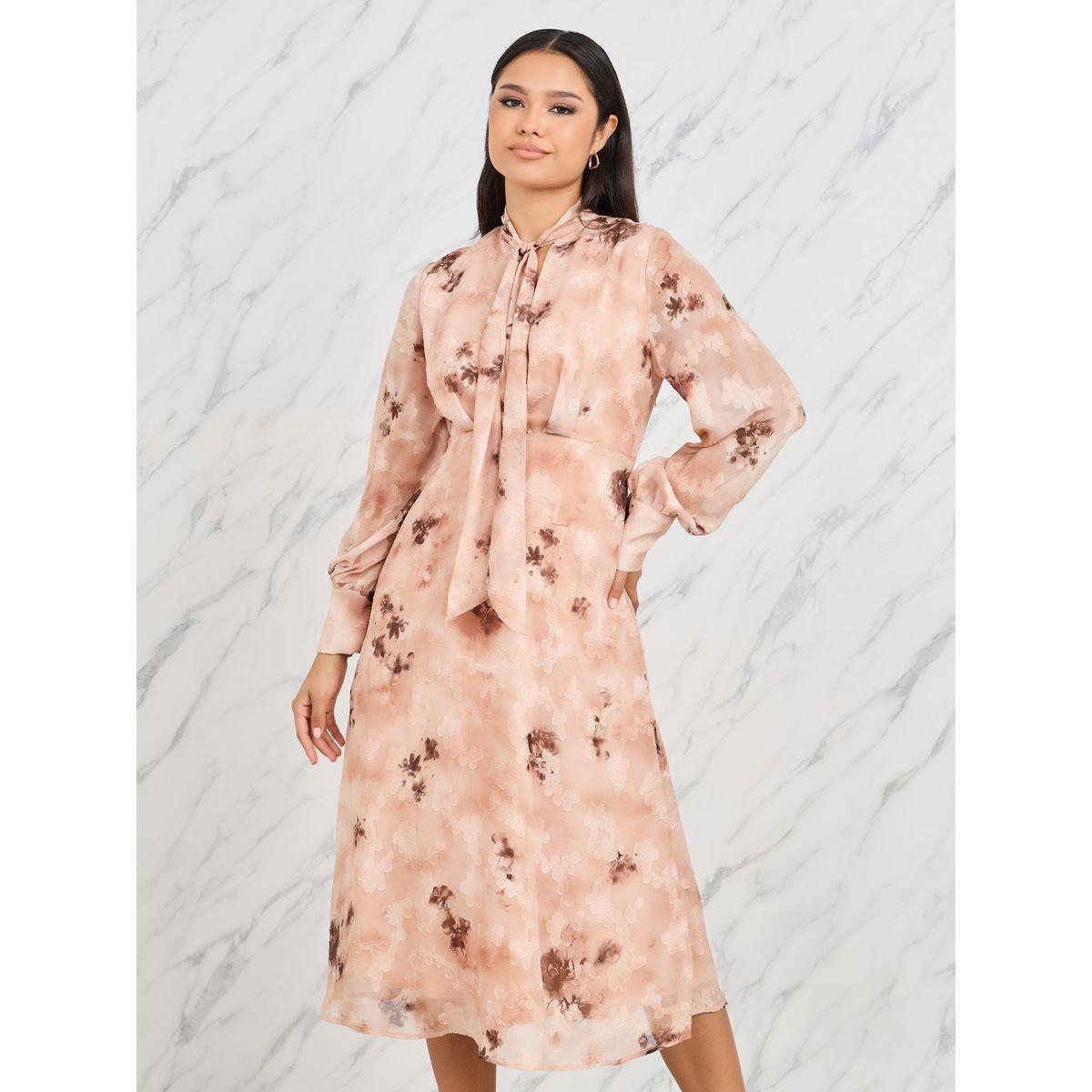 Styli Textured Tie Up Neck A-Line Midi Dress-women-clothing-dresses-image-2