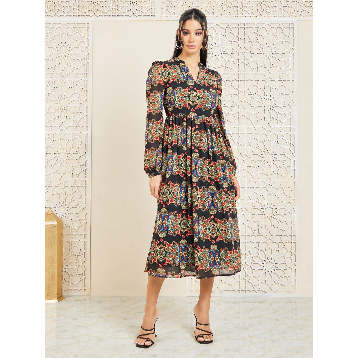 فستان ميدي مطبع بطبعة بوهيمية-women-clothing-dresses-image-1