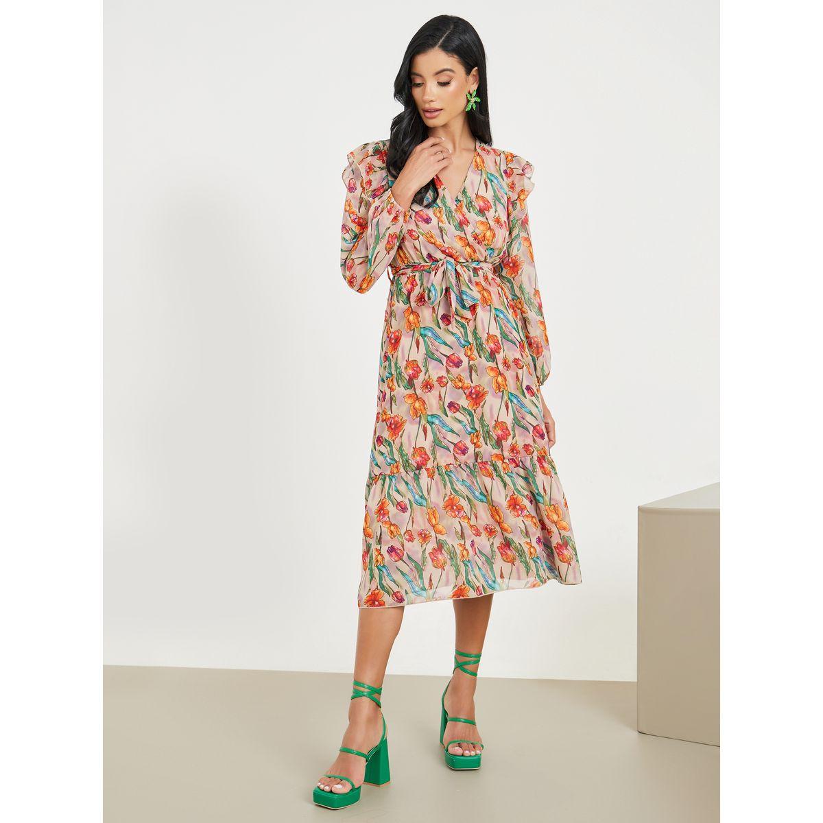 فستان ميدي بطبعة زهور وتفاصيل كشكش-women-clothing-dresses-image-1