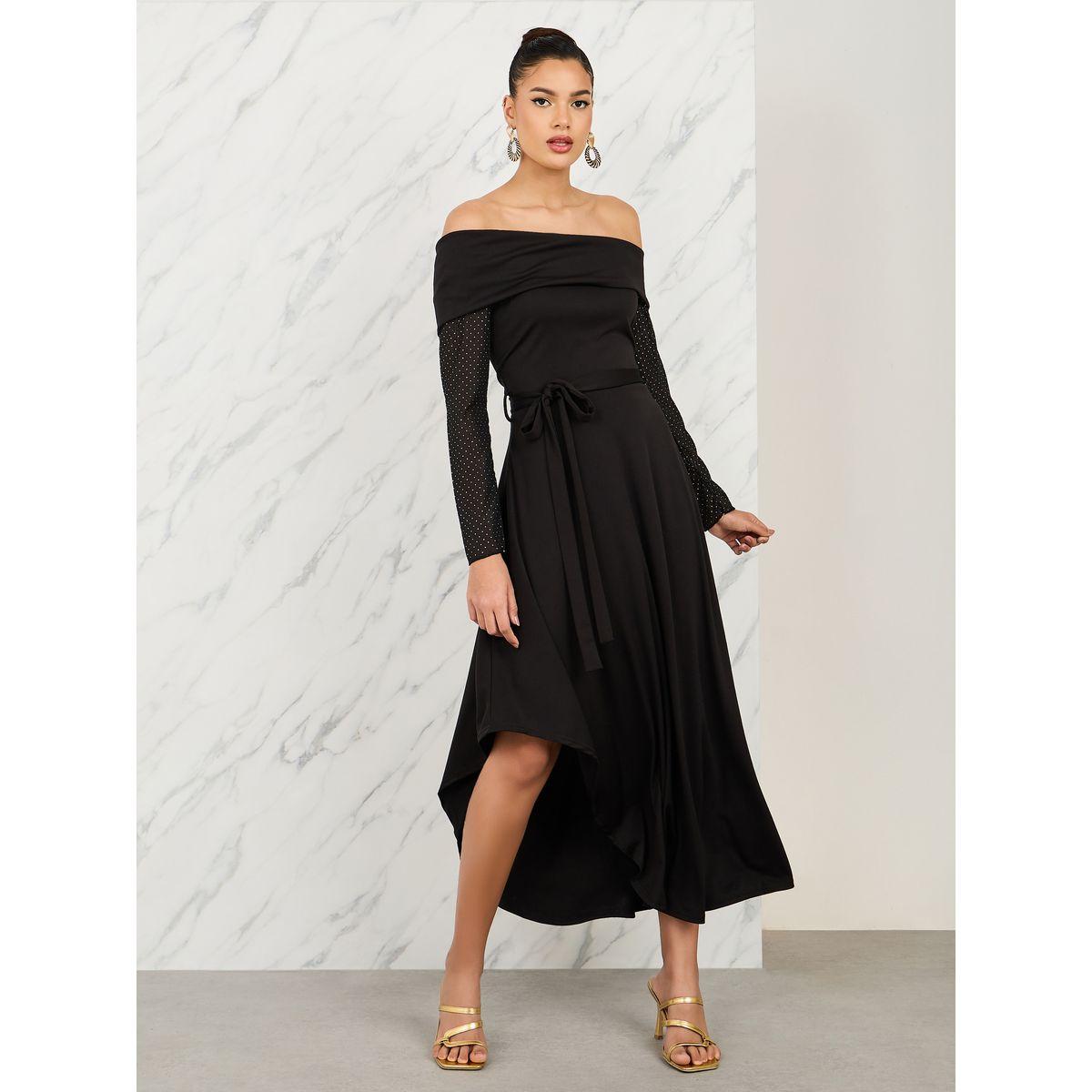 فستان ميدي باكتاف مكشوفة ورباط خصر-women-clothing-dresses-image-1