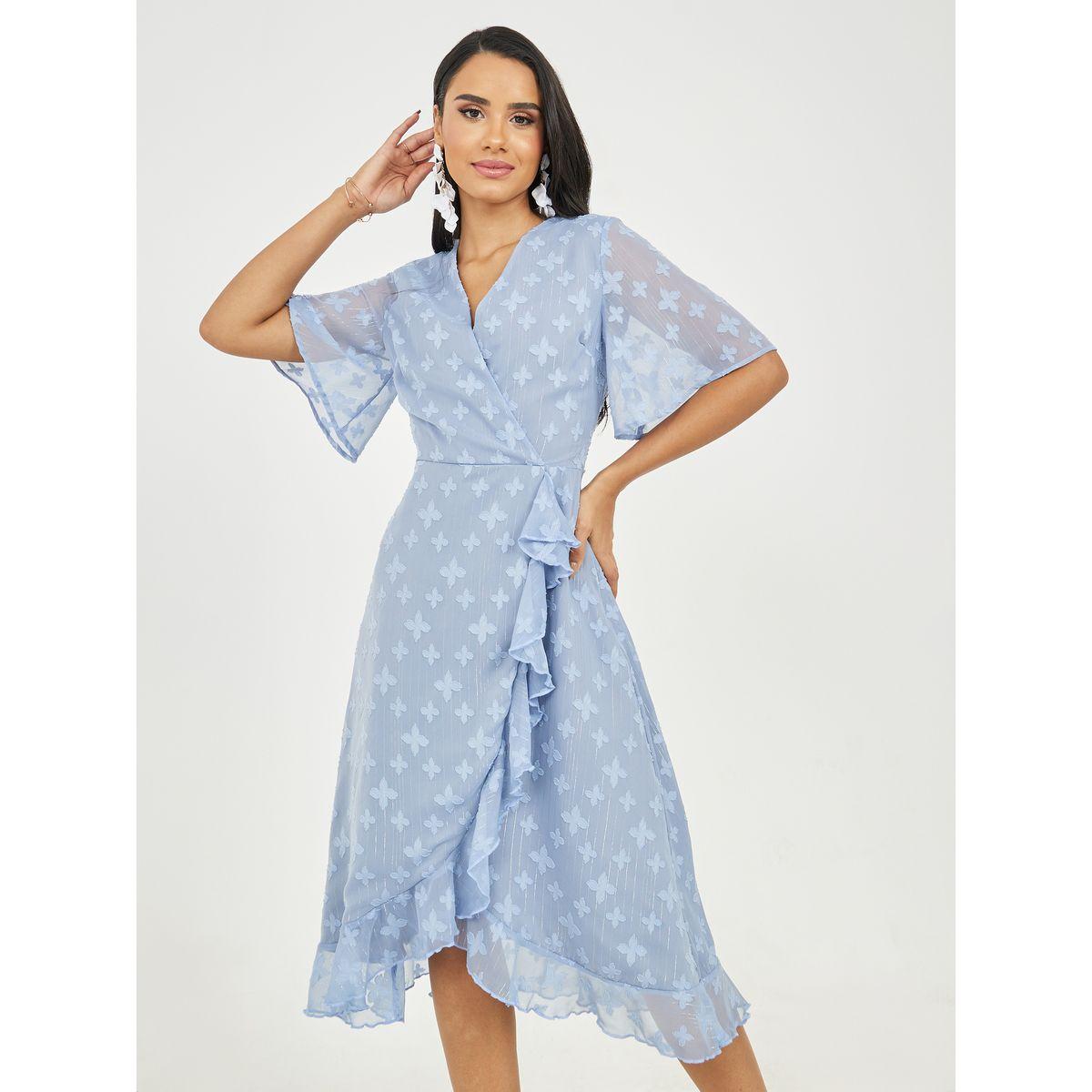 Styli Burnout Texture Ruffle Detail A-Line Wrap Midi Dress-women-clothing-dresses-image-1