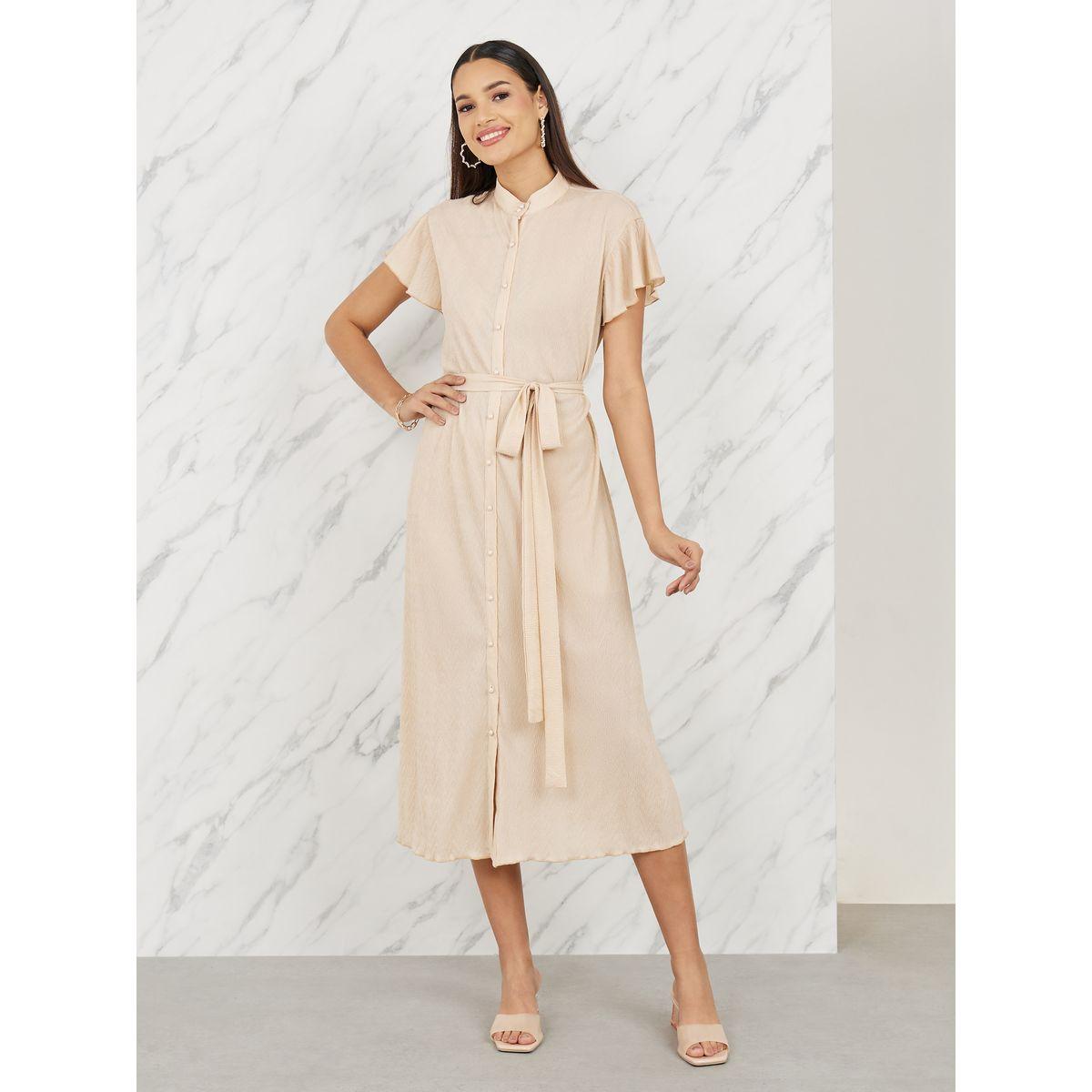 Styli Textured High Neck Self Tie Up Shift Midi Dress-women-clothing-dresses-image-1