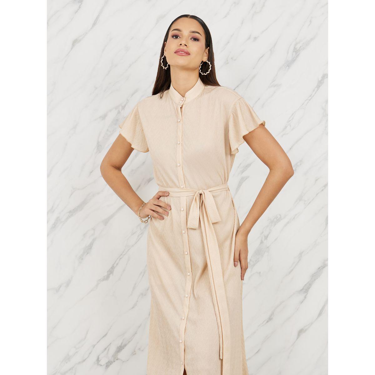 Styli Textured High Neck Self Tie Up Shift Midi Dress-women-clothing-dresses-image-2