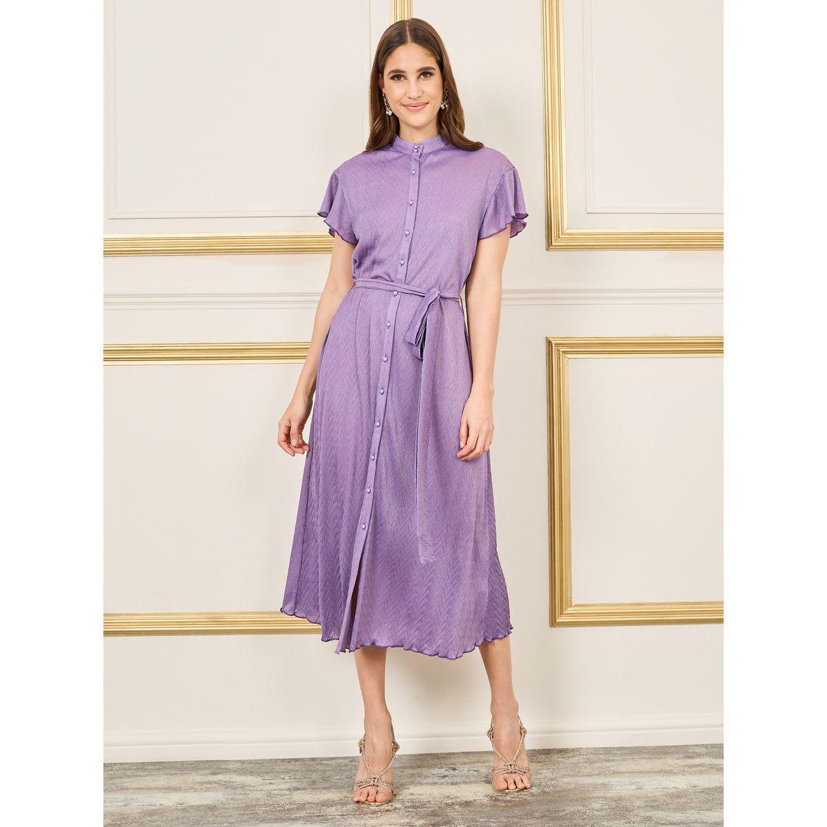 Styli Textured High Neck Self Tie Up Shift Midi Dress-women-clothing-dresses-image-2