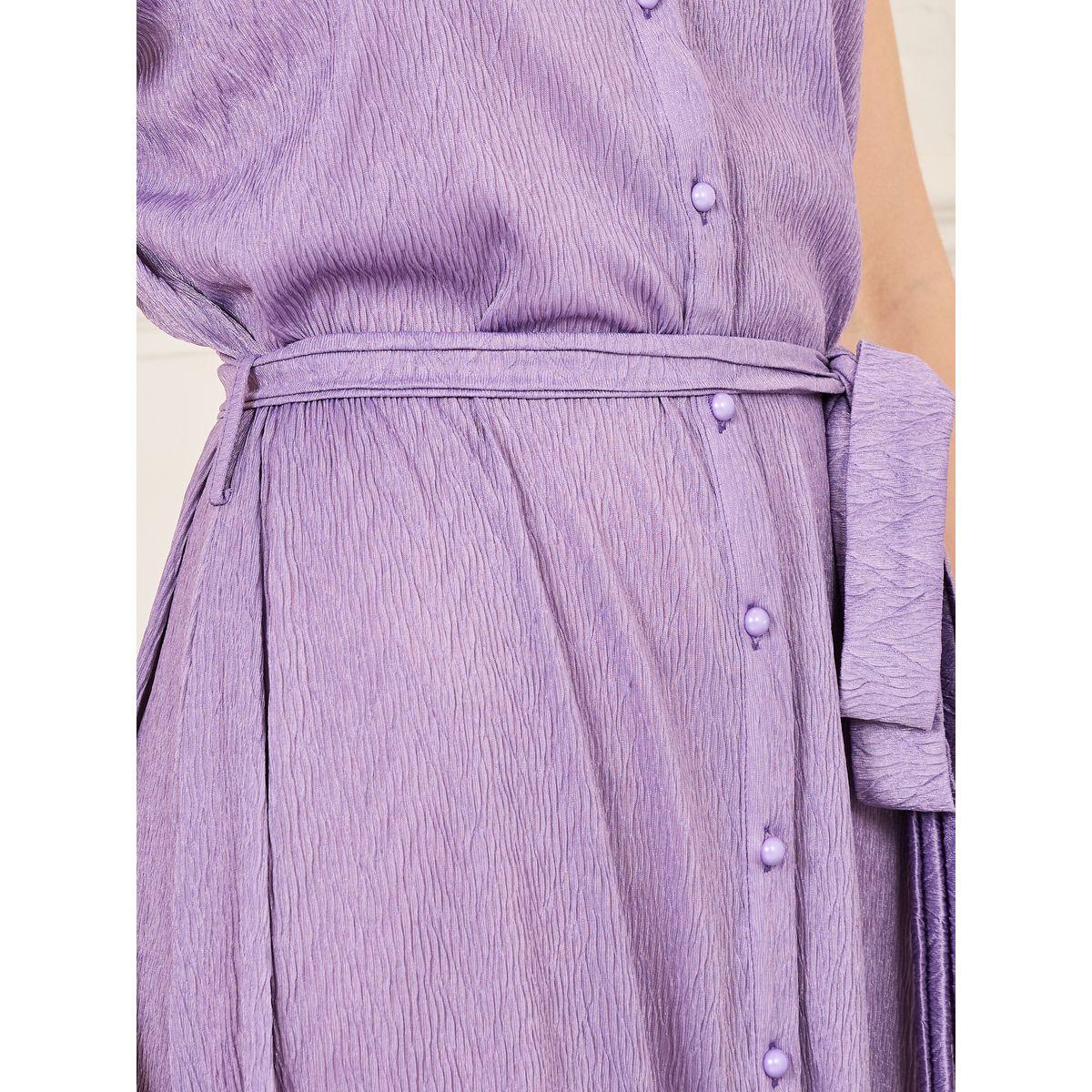 Styli Textured High Neck Self Tie Up Shift Midi Dress-women-clothing-dresses-image-3