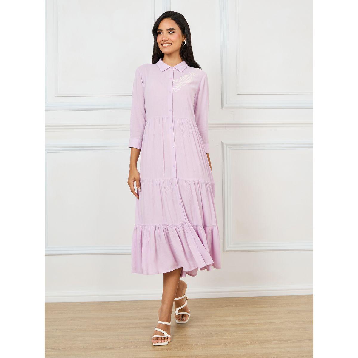 Styli Limited Embroidery Detail Crepe Tiered Midi Dress-women-clothing-dresses-image-1