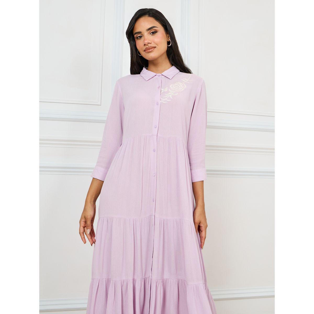 Styli Limited Embroidery Detail Crepe Tiered Midi Dress-women-clothing-dresses-image-2
