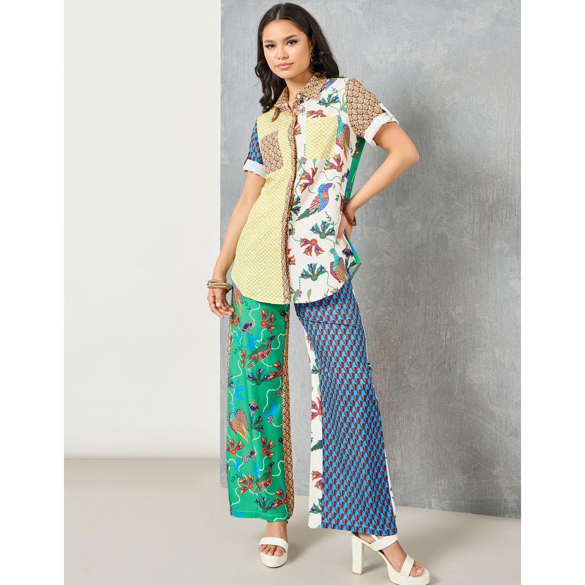 Styli Colorblock Abstract Print Shirt with Roll Up Sleeves & Pants Co-Ord-women-clothing-coordsets-image-1