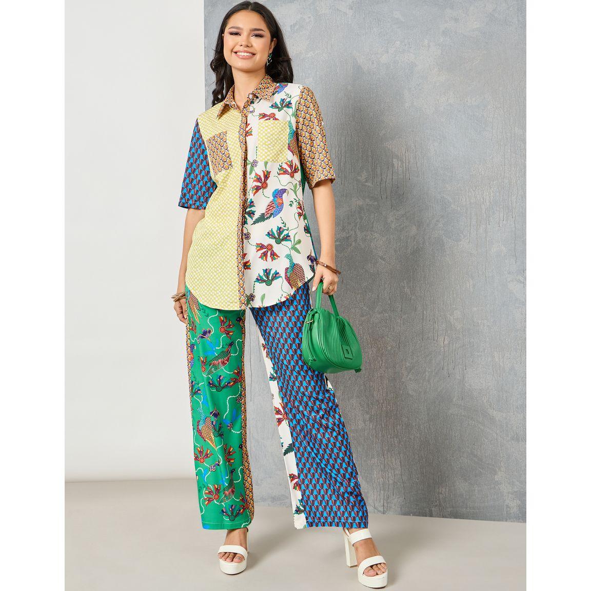 Styli Colorblock Abstract Print Shirt with Roll Up Sleeves & Pants Co-Ord-women-clothing-coordsets-image-2