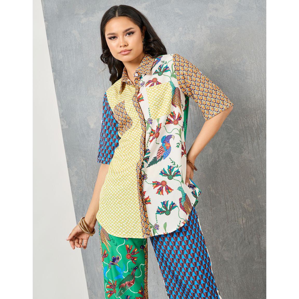Styli Colorblock Abstract Print Shirt with Roll Up Sleeves & Pants Co-Ord-women-clothing-coordsets-image-3