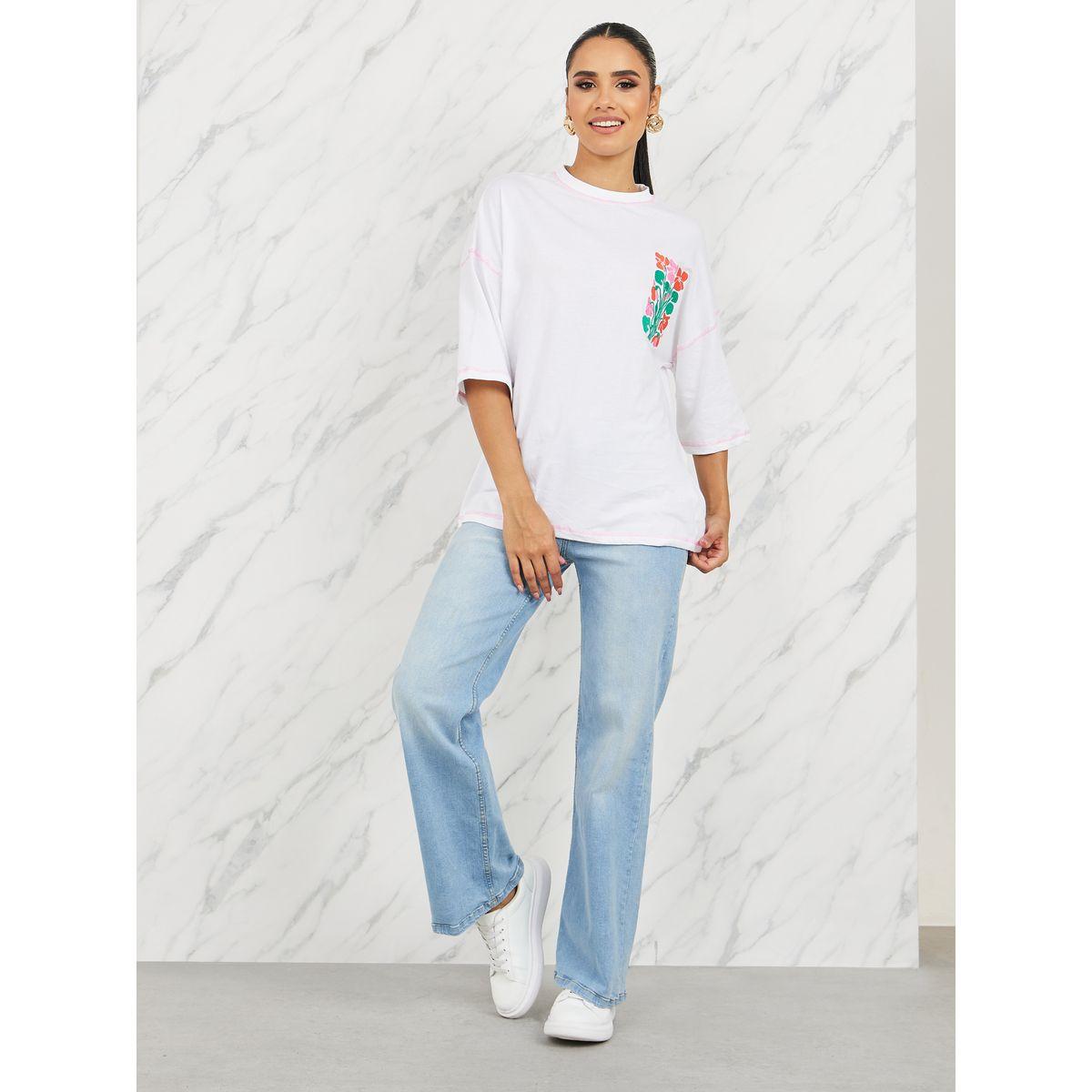 Styli Oversized Embroidered Contrast Stitch Detail Drop Shoulder T-shirt-women-clothing-tshirts-image-2